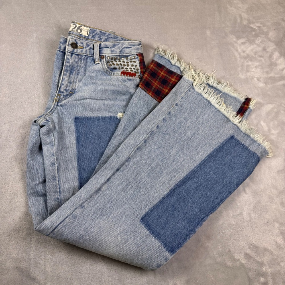We The Free Free People Patchwork Flare Jeans Light Wash Studded Plaid 26 Reg